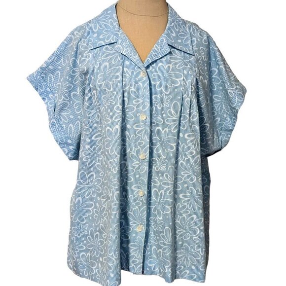 Vintage 80's Blue & White Short Sleeve Flower Button Top - Picture 1 of 6
